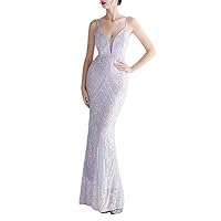 Women's Sequins Sleeveless Spaghetti V-Neck Mermaid Formal Evening Dress