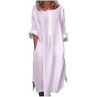 Summer Dress for Women Cotton Linen Long Dress Casual 3/4 Rolled-Up Sleeve Side Split Maxi Dresses Loose Beach Dress