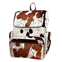 Cowhide Leather Bag Travel Backpack Brown & White - Stylish Leather Backpack for Women, Genuine Cowhide Backpack, & Western Diaper Bags for Moms - Premium Leather Bag for Men & Cow Print Diaper Bag