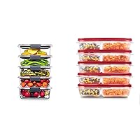 Rubbermaid Brilliance BPA Free Food Storage Containers with Lids, Airtight, for Lunch, Meal Prep, and Leftovers, Set of 5 (3.2 Cup) & EasyFindLids Meal Prep Containers, 5.1 Cup, Red