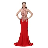 Women's Halter Neck with Appliques Mermaid Saitn Long Formal Evening Prom Homecoming Party Dresses