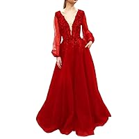Women's Long Sleeve Evening Dresses V Neck Appliques Gala Backless Formal Party Gown