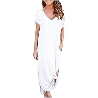 2021 Women Casual Short Sleeve O-Neck Solid Color Straight Floor-Length Dress(A)