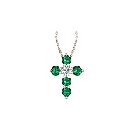 14k Rose Gold timeless cross pendant set with 5 beautiful green emeralds (.40ct, AA Quality) encompassing 1 round white diamond, (.1ct, H-I Color, I1 Clarity), dangling on a 18