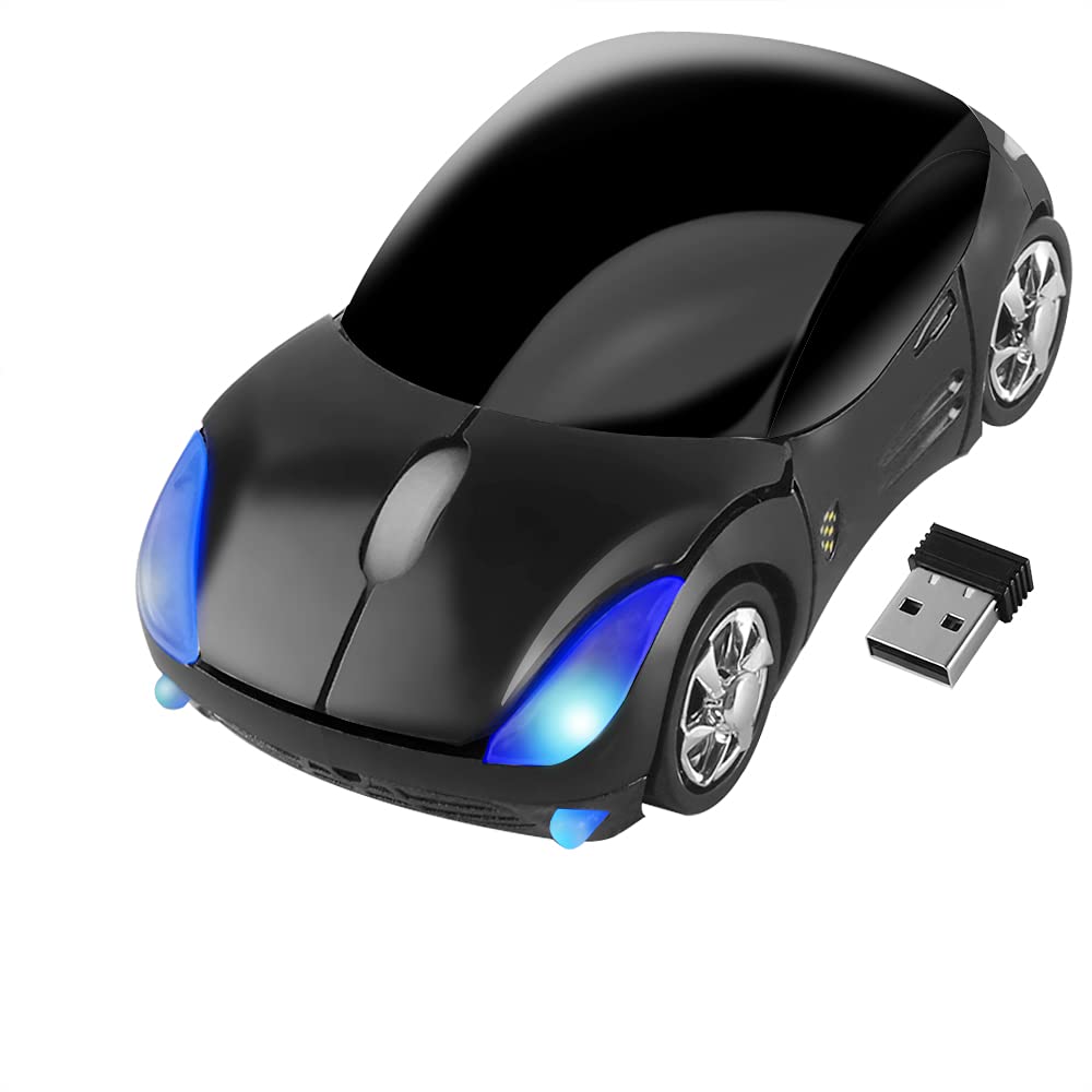 Colorful 3D Sport Car Shape Mouse 2.4GHz Wireless Mouse 1600DPI 3 Buttons Optical Ergonomic Gaming Mice with USB Receiver for PC Laptop Computer (Black)