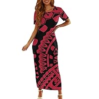 Women's Polynesian Tribal Maxi Dress Puletasi Samoan Tatau Print Short Sleeve Top Skirts Set 2 Piece Outfits