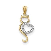14k Textured Open back Y W Gold Polished Cat With Love Heart Pendant Necklace Jewelry Gifts for Women