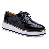 Women's Casual Platform Oxford Shoes Wingtip Lace Up Chunky Mid Heels Vintage Dress Wedge Oxfords