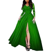 Women's High Split Long Sleeves Formal Evening Dress Lace Appliques Backless Prom Ball Gown Grass Green