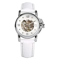 Luxury Women Automatic White Leather Waterproof Automatic Mechanical Skeleton Wrist Watch