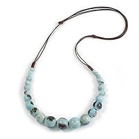 Light Blue Patterned Ceramic/Clay Bead Brown Silk Cords Necklace - Adjustable - 60cm to 70cm Long
