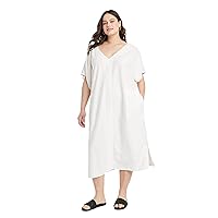 Women's Plus Size Relaxed Dolman Short Sleeve Linen Dress - (Cream, 2X)
