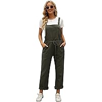 Kissonic Baggy Overalls for Women, Loose Fit Cotton Jumpsuits Adjustable Strap Linen Rompers(ArmyGreen-S)