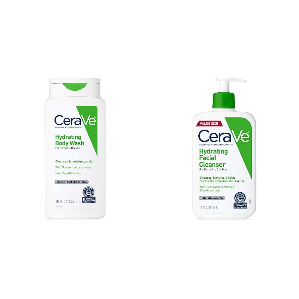 CeraVe Body Wash for Dry Skin | 10 Ounce & Hydrating Facial Cleanser | Moisturizing Non-Foaming Face Wash with Hyaluronic Acid, Ceramides and Glycerin | Fragrance Free Paraben Free | 16 Fluid Ounce