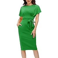 JASAMBAC Women's Bodycon Pencil Dress Office Wear to Work Dresses with Pocket Belt