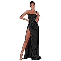Womne's Mermaid One Shoulder Prom Dresses Long with Slit Pleated Satin Bridesmaid Dress for Wedding
