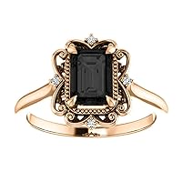 Filigree Vintage Emerald Shape Black Diamond Engagement Ring, Victorian Halo 2 CT Emerald Genuine Black Stone Antique Black Onyx Ring, 10K Solid Rose Gold, Perfact for Gift