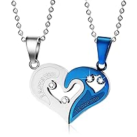 2PCS Stainless Steel Mens Womens Couple Necklace Set Friendship Puzzle CZ I Love You Matching Heart Pendants Valentines Gifts