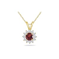 January Birthstone - Diamond Cluster Garnet Solitaire Pendant AAA Round Shape in 14K Yellow Gold Available from 5mm - 8mm