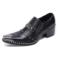 Men's Dance Loafers Stacked Heel Rivet Decor Plain Genuine Leather Snaffle Bit Metal Cap Toe Fashion Formal Black Suits Shoes
