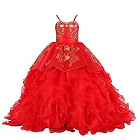 Stunning Gold Embroidery 2024 Ball Gown Ruffles Little Girls Pageant Prom Formal Dresses for Girls Satin with Straps