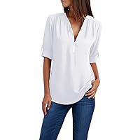 Sale Today's Women V Neck Dressy Tops Rolled Sleeve Casual Blouses Half Zip Solid T Shirt Elegant Work Shirts Loose Fit Tee Top Juniors Tops