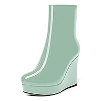 Womens Patent Ankle High Boots Sexy Zip Platform Solid Round Toe Wedge High Heel Mid Calf Boots 4 Inch