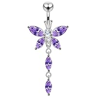 CZ Crystal Gemstone Stylish Butterfly with 2 Marquis Dangling 925 Sterling Silver Belly Ring Body Jewelry