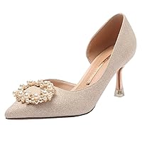 Women Classic Fashion High Stiletto Heels,Pointed Toe Pumps with Pearl Button Shoes