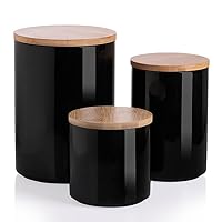 Sweejar Ceramic canisters for kitchen counter,Stackable Food Containers Set with Airtight Seal Bamboo Lid for Serving Ground Coffee, Tea, Spice, Flour and Sugar-Set of 3 (Black)