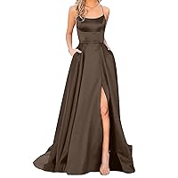Women Prom Dress Spaghetti Straps Satin Dress Backless Long Dress Elegant Formal Mermaid High Slit Dress with Pocket