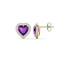 Heart Amethyst & Round Natural Diamond 2.54 ctw Women Heart Halo Stud Earrings 14K Gold