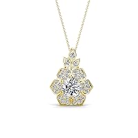 Round GIA Certified Natural Diamond & Lab Grown Diamond 5/8 ctw Women Floral Halo Pendant Necklace. Included 16 Inches Chain 14K Gold