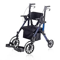 2 in 1 Rollator Walker & Transport Chair, Folding Wheelchair Rolling Mobility Walking Aid with Seat Belt, Padded Seat and Detachable Footrests for Adult, Seniors (Blue)