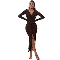 Women's Dress Dresses for Women Draped Front Ruched Split Thigh Dress Dresses (Color : Chocolate Brown, Size : X-Small)