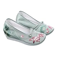 Ladies Retro Floral Embroidered Wedge Pumps Woman High Heel Shoes Ethnic Loafers Spring Cotton Fabric Casual Shoes Light EN8 8.5