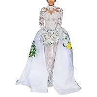 Illusion High Neck Bridal Ball Gowns Lace Mermaid Wedding Dresses for Bride Long Sleeve Detachable Train