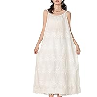 NA Women's Fresh Sweet Solid Color Dress Embroidered Loose Waist Strap Bottoming Cotton and Linen Dress