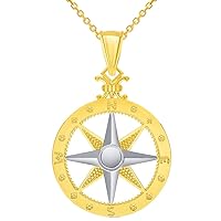 14k Two-Tone Gold Compass Wind Rose Pendant with Rolo Cable, Curb, or Figaro Chain Necklaces