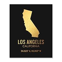 Los Angeles California Wall Art Gold Foil Poster Black Decorative Bedroom Kitchen Home Sister Minimalist Canvas Contemporary Card Stock Silhouette Boho Decor City Coordinates Map State Design 8x10 F26