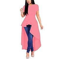 Lrady Womens Casual Shirt Dress High Low Irregular Ruffle Hem Blouse Asymmetrical Peplum Long Tunic Tops