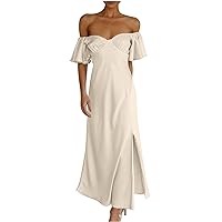 Women's Off Shoulder Tube Dress Strapless Solid Side Slit Dress Elastic Waist Short Sleeve Maxi Dress Party Club Dresses(,)