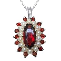 Ladies Solid 925 Sterling Silver Natural Large Garnet & Cultured Pearl 3 Tier Cluster Pendant Necklace