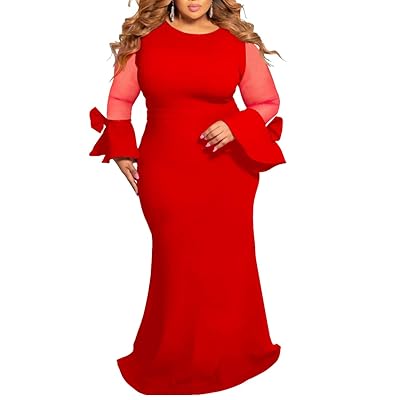 Women's Plus Size Bodycon Dress - Elegant Trumpet Long Sleeve Mesh Solid  Sexy Evening Party Maxi Long Dress