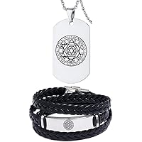2 Pack Seal of Solomon Bracelet Necklace Set, Talismanic King Solomon Six-Pointed Star 12 Constellation Prayer Protection Braided Wrap Leather Wristband Stainless Steel Pendant Amulets for Men Women