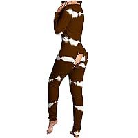 Womens Sexy Long Pjs Jumpsuits Butt Flap One Piece Pajamas Plaid Printed Onesie Button V Neck Sleepwears Bodysuit