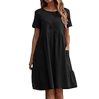Casual Short Sleeve Summer Dresses for Women 2024 Cotton Linen Pleated Swing Dress Flowy T Shirt Dresses with Pockets