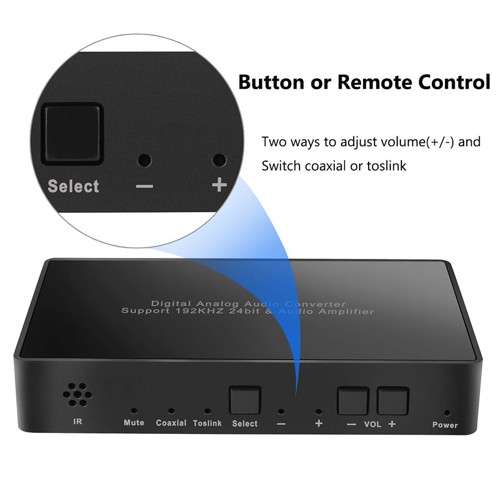 Digital to Analog Audio Converter with Remote, 192KHz/24bit Digital Coaxial Toslink to Analog L/R RCA 3.5mm Audio with Both Toslink Cable and Coaxial Cable