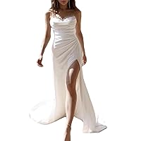 Women's Mermaid/Trumpet Wedding Dress Illusion Neckline Beads Satin Pleats Bridal Gowns