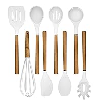 Country Kitchen 8 pc Non Stick Silicone Utensil Set with Rounded Wood Handles for Cooking and Baking - White